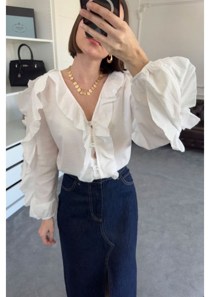 Vual Bağlamalı Orj Gömlek- Beyaz fırsatları