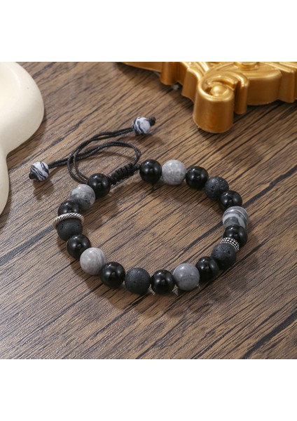 El Yapımı Volkanik Taş Kaymaktaşı Boncuk Bilezik Erkekler Için Retro 10/8mm Elastik Boncuk Çift Bilezik (Yurt Dışından)