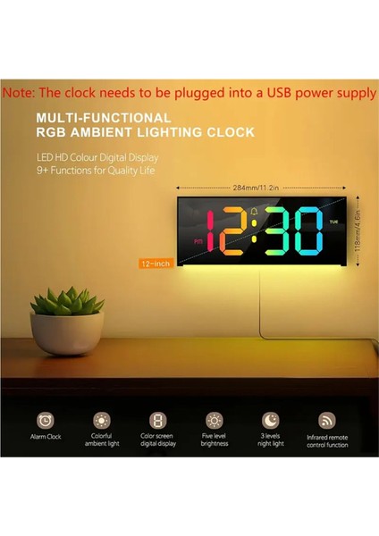 Smouıng 30.48 cm Dijital Duvar Saati, Büyük Ekran ile 13 Rgb Renk Değişimi, LED Alarm Saati ile Uzak