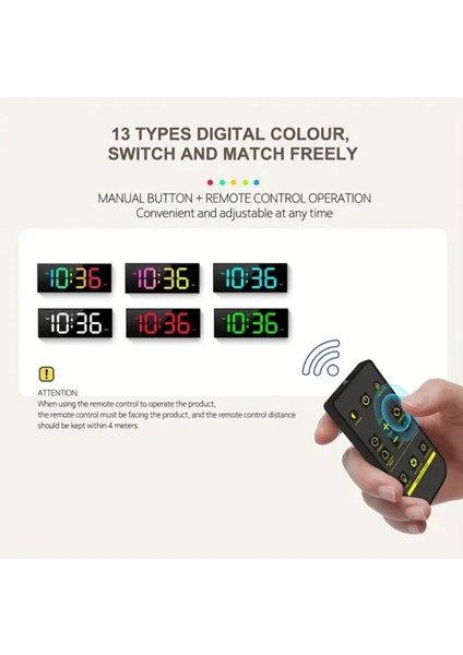 Smouıng 30.48 cm Dijital Duvar Saati, Büyük Ekran ile 13 Rgb Renk Değişimi, LED Alarm Saati ile Uzak