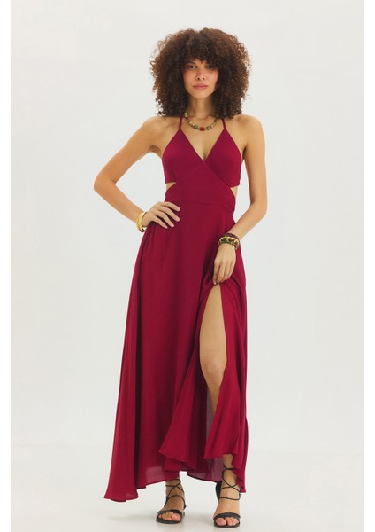 Derin Yırtmaçlı Bohem Maxi Elbise Bordo