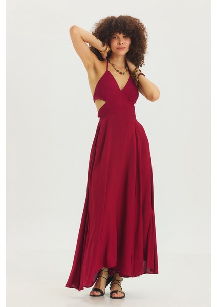 Derin Yırtmaçlı Bohem Maxi Elbise Bordo