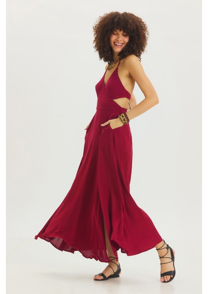 Derin Yırtmaçlı Bohem Maxi Elbise Bordo