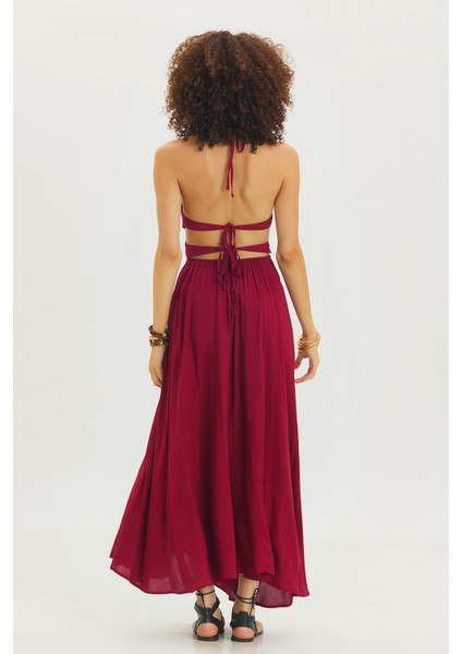 Derin Yırtmaçlı Bohem Maxi Elbise Bordo