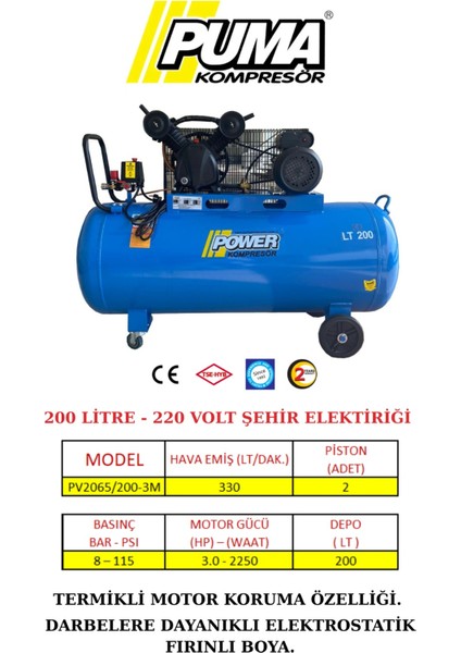 200 Lt Döküm Kafalı Yağlı Pistonlu Kompresör 220 V monofaze 3 Hp, 2 Piston, 8 Bar Tekerli