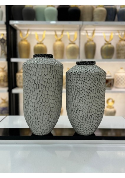 Aspendos El Yapımı 2'li Dokulu Dekoratif Seramik Vazo ( 36-33 x 20 cm )- Bohem ve Japandi Tarzı, Şık