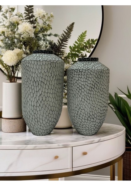 Aspendos El Yapımı 2'li Dokulu Dekoratif Seramik Vazo ( 36-33 x 20 cm )- Bohem ve Japandi Tarzı, Şık modelleri
