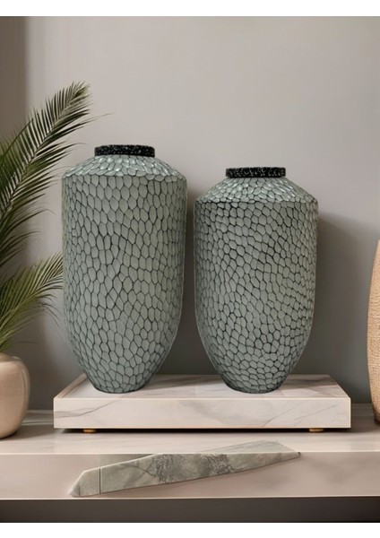 Aspendos El Yapımı 2'li Dokulu Dekoratif Seramik Vazo ( 36-33 x 20 cm )- Bohem ve Japandi Tarzı, Şık fırsatları