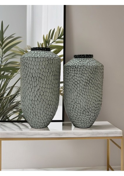 Aspendos El Yapımı 2'li Dokulu Dekoratif Seramik Vazo ( 36-33 x 20 cm )- Bohem ve Japandi Tarzı, Şık indirimleri