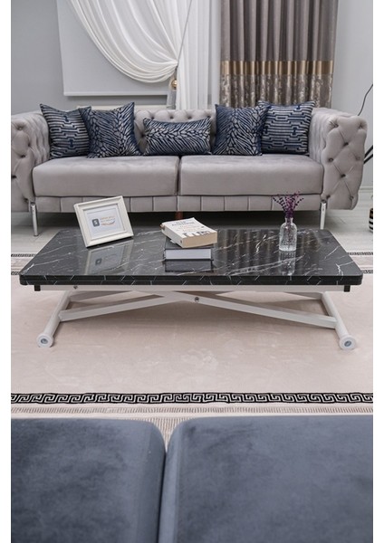 Home Üst Tabla Mdf Siyah Mermer Oval Köşe Alt Ayak Beyaz