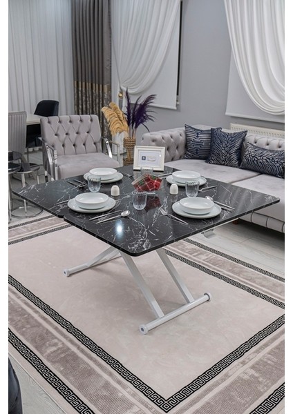 Home Üst Tabla Mdf Siyah Mermer Oval Köşe Alt Ayak Beyaz