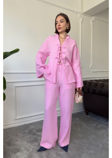 Önü Kurdeleli Müslin Takım- Pembe
