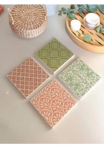 Yeşil ve Turuncu Doğal Desenli Taş Bardak Altlığı 4’lü Set, Bohem Masa Dekoru Sunumluk