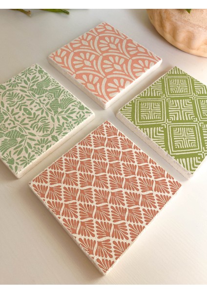 Yeşil ve Turuncu Doğal Desenli Taş Bardak Altlığı 4’lü Set, Bohem Masa Dekoru Sunumluk fiyatları