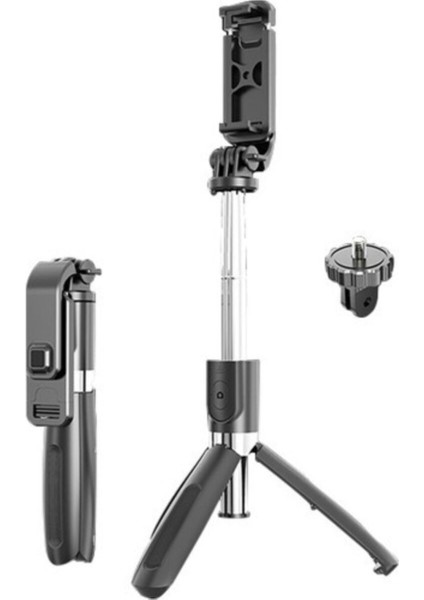 Go Pro Uyumlu Bluetooth Kumandalı Katlanabilir 100 cm Selfie Çubuğu Özçekim Tripod Çubuğu Siyah