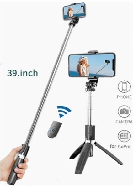 Go Pro Uyumlu Bluetooth Kumandalı Katlanabilir 100 cm Selfie Çubuğu Özçekim Tripod Çubuğu Siyah