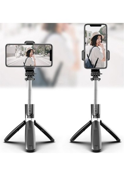 Go Pro Uyumlu Bluetooth Kumandalı Katlanabilir 100 cm Selfie Çubuğu Özçekim Tripod Çubuğu Siyah