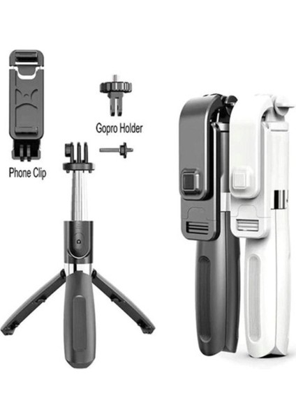 Go Pro Uyumlu Bluetooth Kumandalı Katlanabilir 100 cm Selfie Çubuğu Özçekim Tripod Çubuğu Siyah