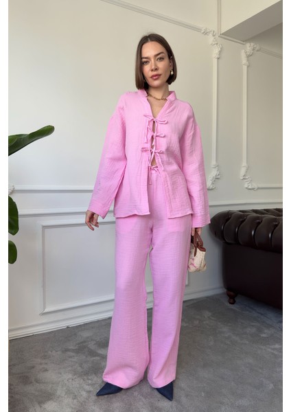 Önü Kurdeleli Müslin Takım- Pembe modelleri