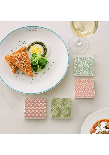 Yeşil ve Turuncu Doğal Desenli Taş Bardak Altlığı 4’lü Set, Bohem Masa Dekoru Sunumluk modelleri