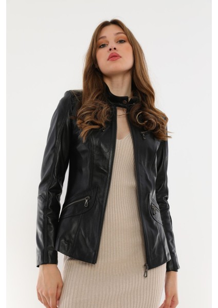 Basics&more Kadın Fermuar Detaylı Siyah Deri Ceket - B16