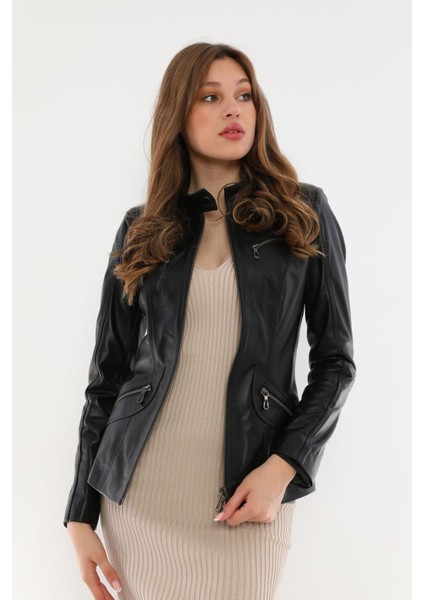 Basics&more Kadın Fermuar Detaylı Siyah Deri Ceket - B16