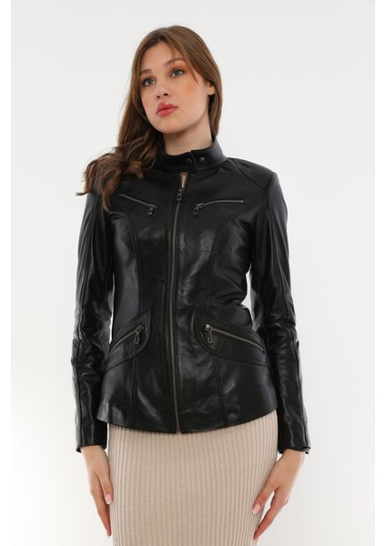 Basics&more Kadın Fermuar Detaylı Siyah Deri Ceket - B16