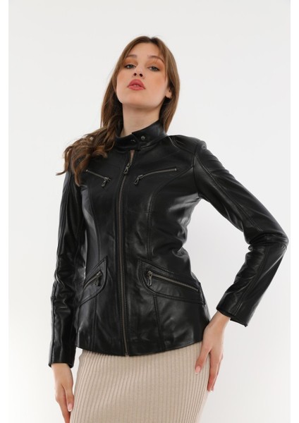 Basics&more Kadın Fermuar Detaylı Siyah Deri Ceket - B16