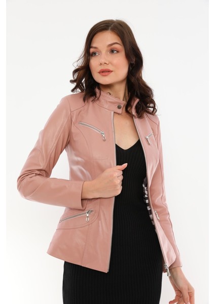 Basics&more Kadın Fermuar Detaylı Pudra Deri Ceket - B16