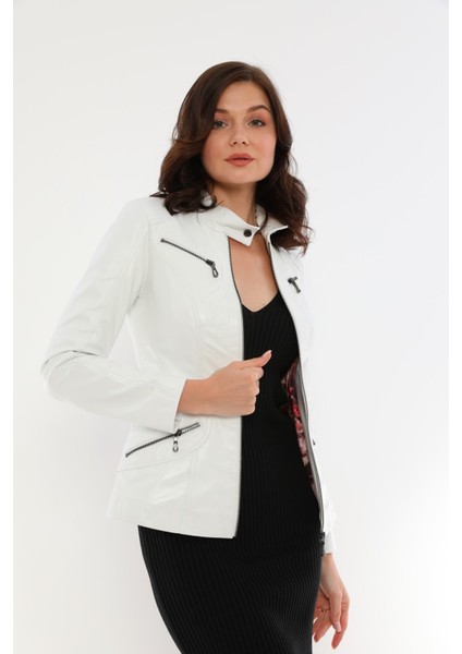Basics&more Kadın Fermuar Detaylı Beyaz Deri Ceket - B16