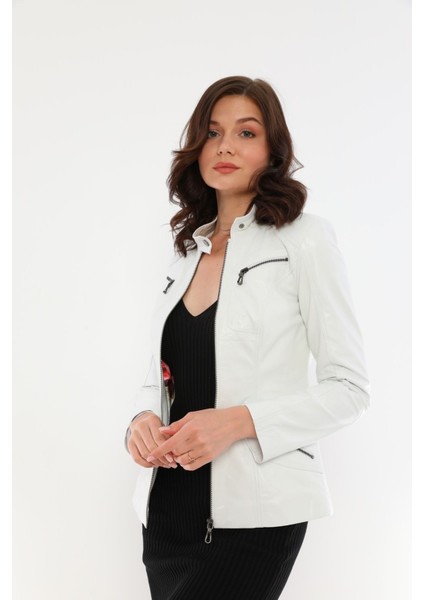 Basics&more Kadın Fermuar Detaylı Beyaz Deri Ceket - B16