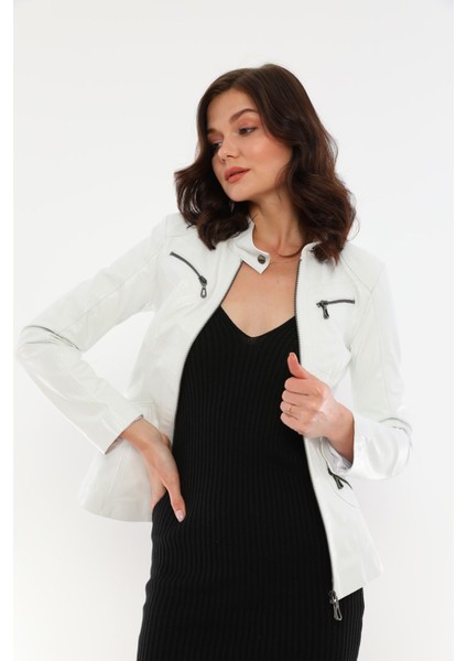 Basics&more Kadın Fermuar Detaylı Beyaz Deri Ceket - B16