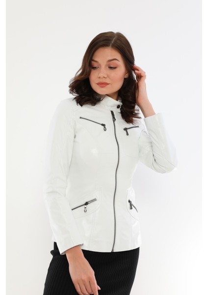 Basics&more Kadın Fermuar Detaylı Beyaz Deri Ceket - B16