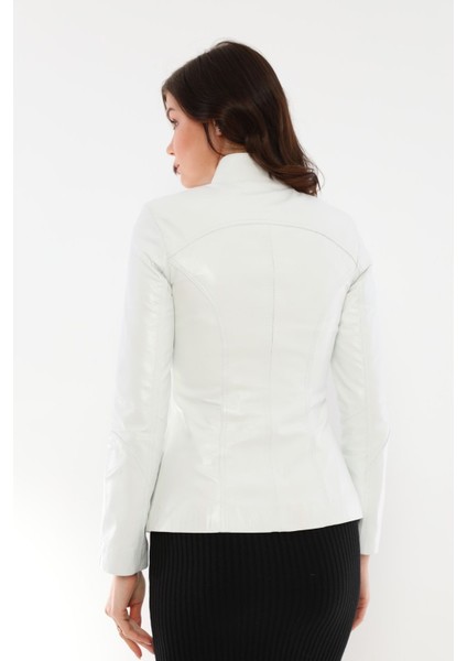 Basics&more Kadın Fermuar Detaylı Beyaz Deri Ceket - B16