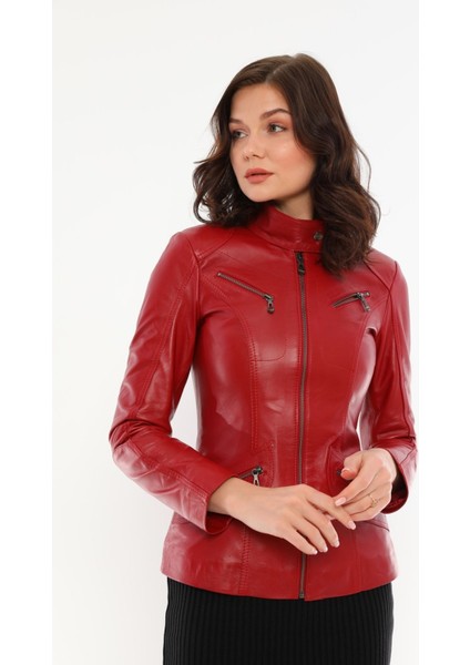 Basics&more Kadın Fermuar Detaylı Kırmızı Deri Ceket - B16