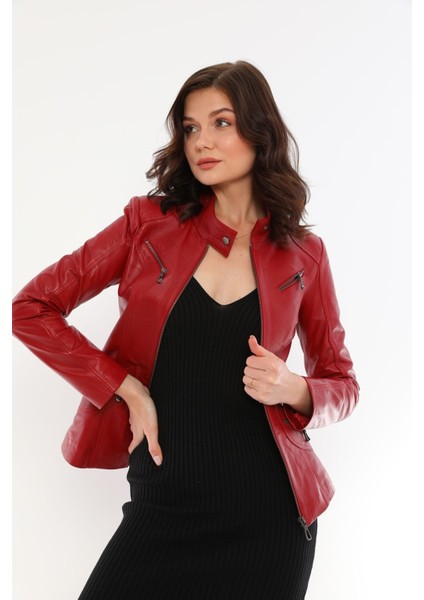 Basics&more Kadın Fermuar Detaylı Kırmızı Deri Ceket - B16