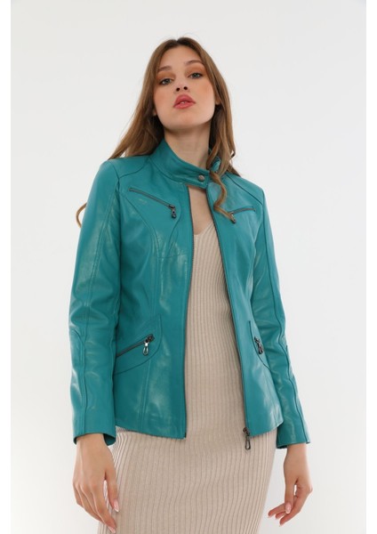 Basics&more Kadın Fermuar Detaylı Turkuaz Deri Ceket - B16
