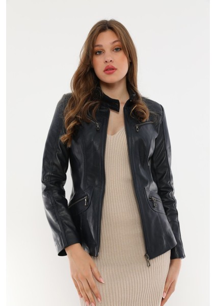 Basics&more Kadın Fermuar Detaylı Koyu Mavi Deri Ceket - B16