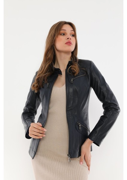 Basics&more Kadın Fermuar Detaylı Koyu Mavi Deri Ceket - B16 fiyatları