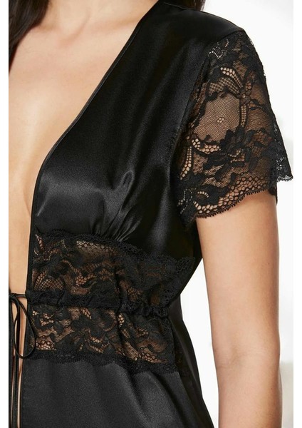 Saten Dantelli Midi Sabahlık 1020 Siyah modelleri