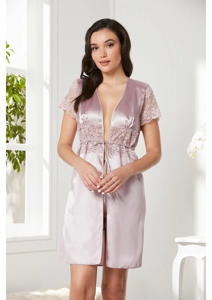 Saten Dantelli Midi Sabahlık 1020 Pudra