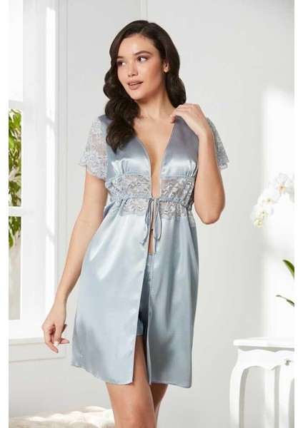 Saten Dantelli Midi Sabahlık 1020 Mist