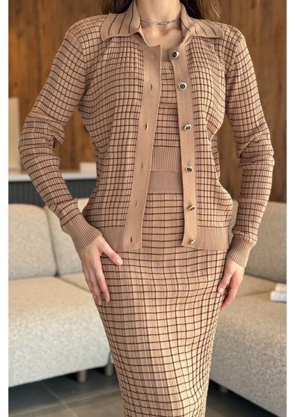 Kadın Çizgili Crop Bluz Kazak Etek Triko Üçlü Takım P-00012678 modelleri