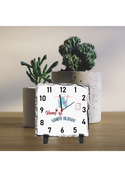 Hemşirelere Özel Isim Yazılı Masa Üstü Taş Saat 20 x 20 cm
