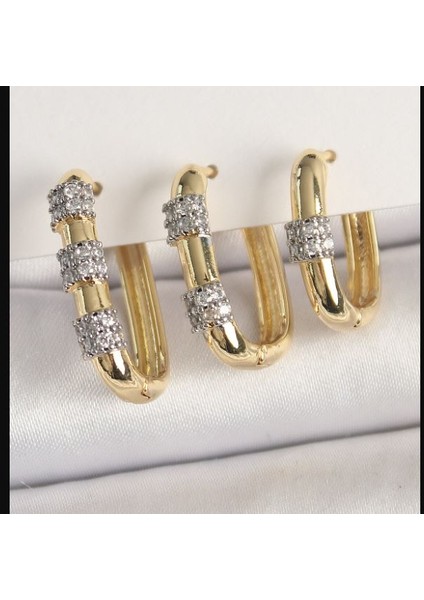 Pirinç Gold Renk 3'lü Halka Model Gümüş Zirkon Taş Detaylı Kadın Kombin Küpe