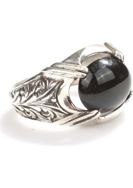 925 Ayar Gümüş Desenli Oval Oniks Taşlı Yüzük