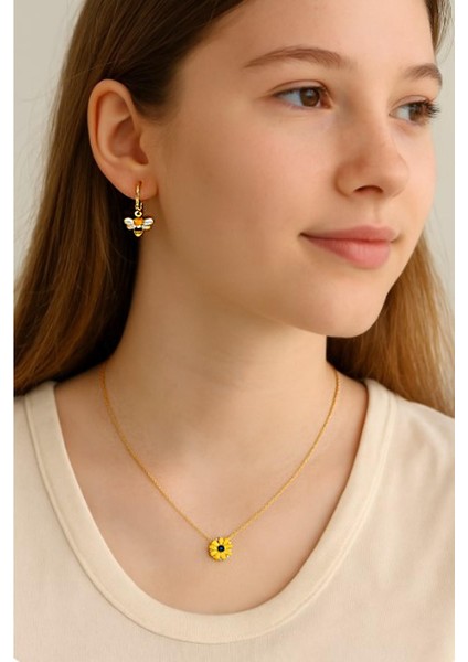 Sunflower And Bee Kolye Küpe Seti