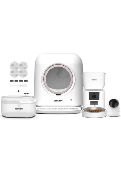 Akıllı Otomatik Kedi Tuvaleti Kameralı Mama Kabı Led Işıklı Su Pınarı Smart Tag ve Yedek Filtre 5'li Pet Seti