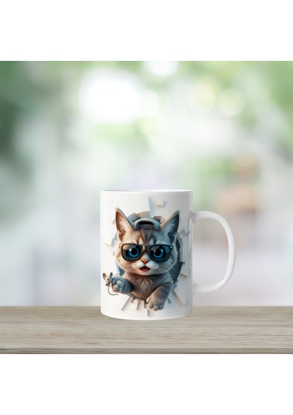 Kedi 3D Görünümlü Baskılı Porselen Kupalar Bardak