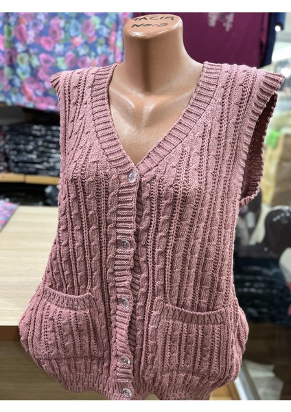 Kadın Triko Düğmeli Cepli Örgü Desen Yelek